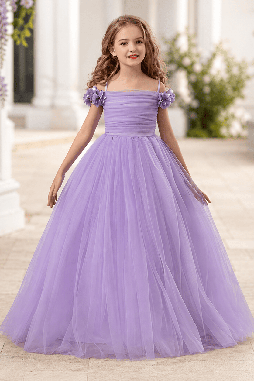 Elegant Floral Shoulder Ruched Bodice Tulle Flower Girl Dresses 890443747250 - 7 Days / Purple / 130cm - COCOMELODY
